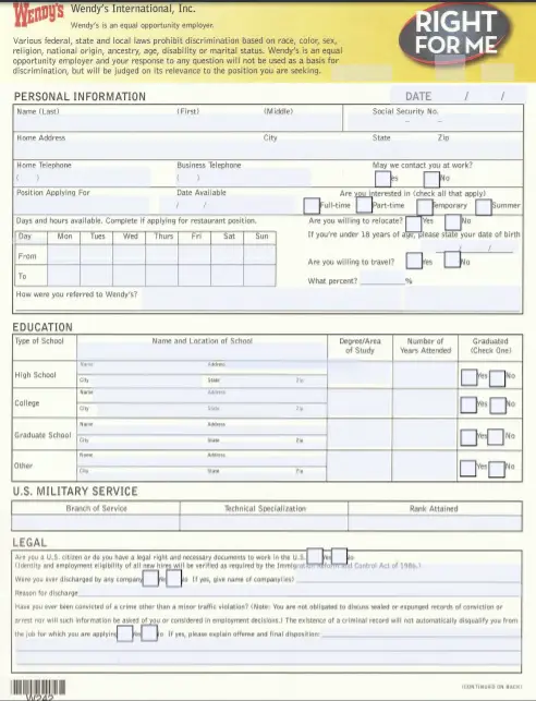 Wendy s Job Application Adobe PDF Apply Online