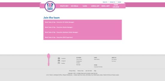 A screenshot of the Baskin Robbins careers page website.
