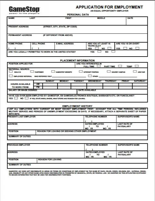 Gamestop Job Application Form Printable - Printable Forms Free Online