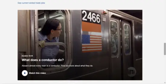 LIRR/MTA career center page showing a job description and video for a conducter.