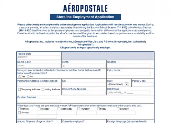 Aéropostale Job Application Adobe PDF Apply Online