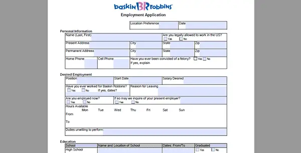 Baskin-Robbins Job Application - Adobe PDF - Apply Online