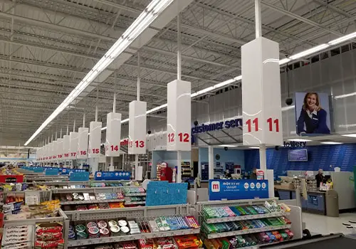 Checkout registers at a Meijer department store.
