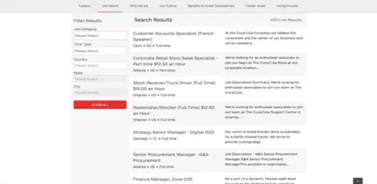 A screenshot of the open positions portion of the Coca Cola website's careers page.
