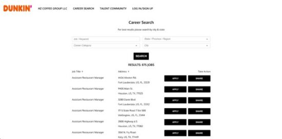 A screenshot from the search area of the  Dunkin' Donuts careers page.