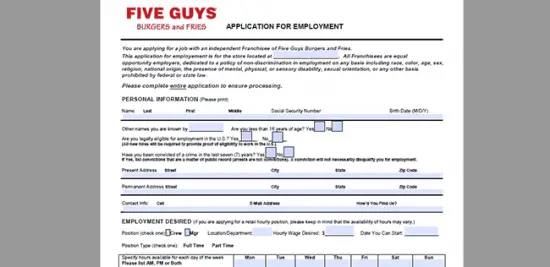 Five Guys Burger and Fries Job Application Adobe PDF