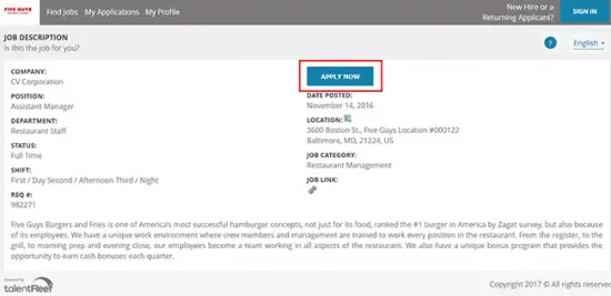 Five Guys Burger and Fries Job Application Adobe PDF