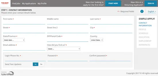 Five Guys Burger and Fries Job Application Adobe PDF