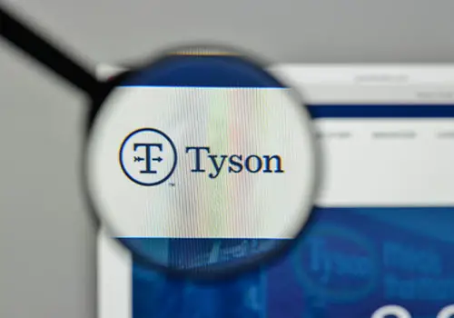 Magnifying glass closeup of Tyson foods website logo.