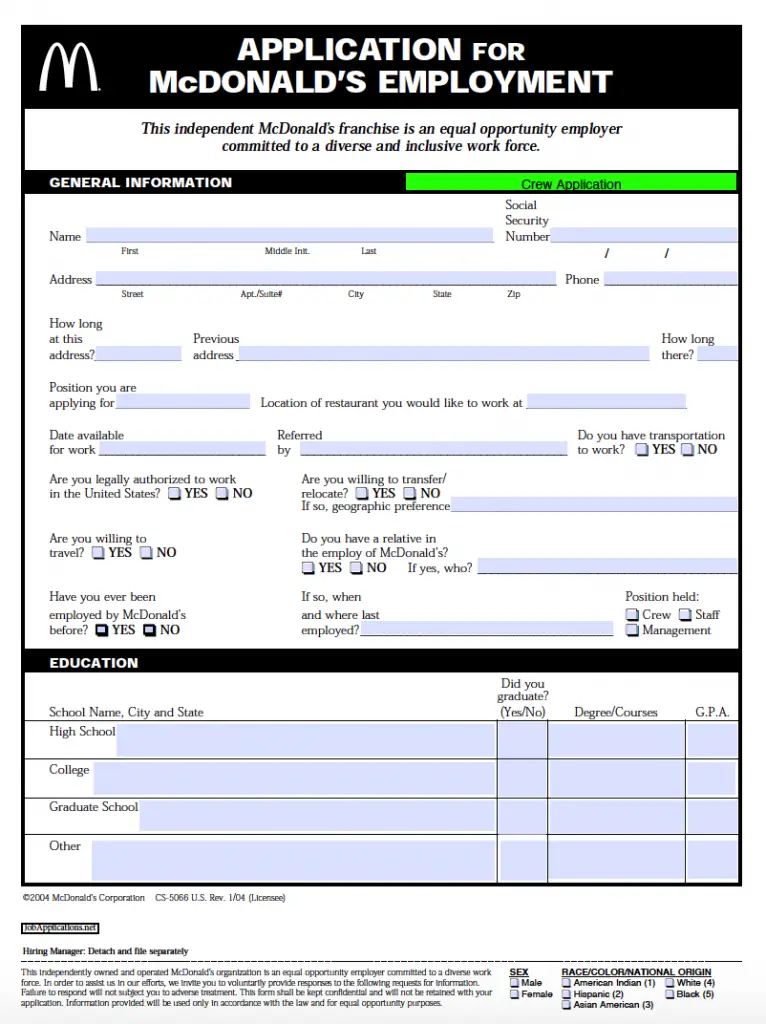 Printable Mcdonalds Application Espanol