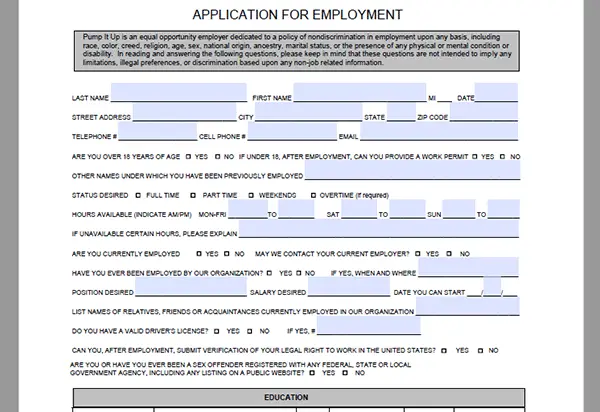 Pump It Up Job Application Adobe PDF