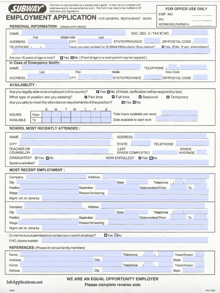 Subway Job Application - Adobe PDF