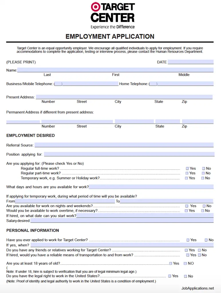 Printable Job Application Form For Target - Printable Forms Free Online