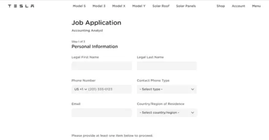 Tesla job application page.