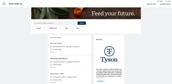 Tyson Foods available job openings landing page.