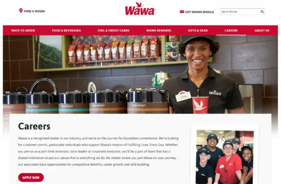 Wawa website's careers page.
