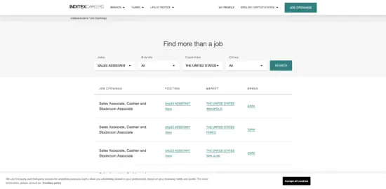 Zara available job openings landing page.